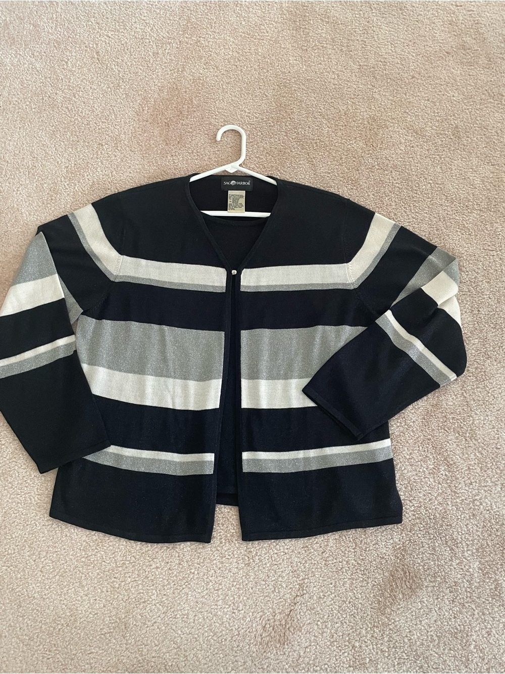Vintage Sag Harbor Metallic Stripe Cardigan Sweater XL Faux Layered Black Silver